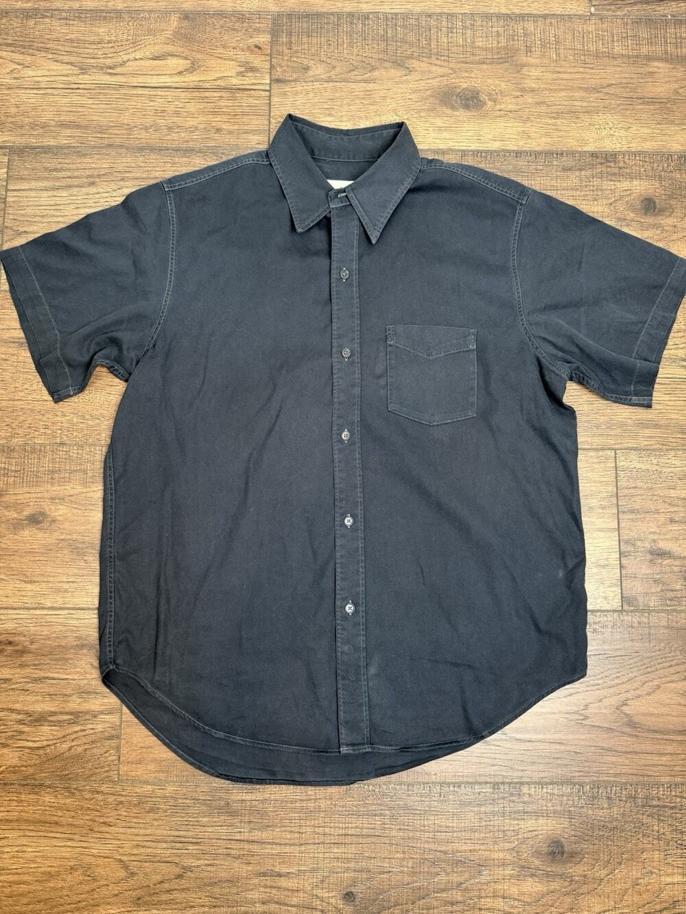 BUCK MASON Black Short Sleeve Cotton Blend Button Down Shirt Size Large